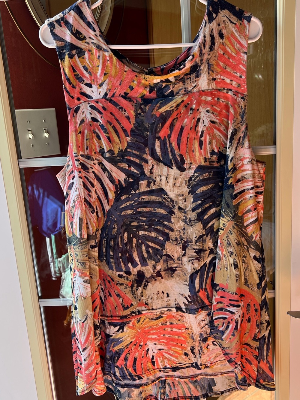 Peck & Peck Navy, Coral & Cream Tropical Leaf Sleeveless Dress